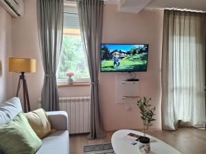 a living room with a tv on a wall at Divna in Arandjelovac