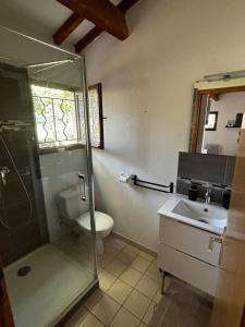 圣马丁阿尔代什Maison avec terrasse et parking, à 350 m de la plage的带淋浴、马桶和水槽的浴室