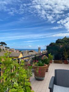 a balcony with potted plants and a view of the ocean at LA TERRAZZA DI MONTEROSSO in Monterosso al Mare