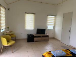a living room with a tv and a yellow chair at Galaxy Villa Room in Dalaguete +16 photos