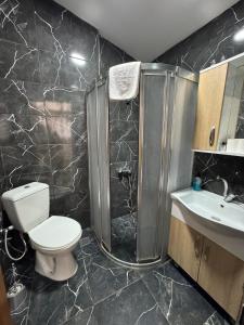 a bathroom with a shower and a toilet and a sink at BACHOS HOTEL SULTANAHMET sea view terrace in Istanbul +77 photos