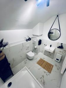 a white bathroom with a sink and a toilet at Gemütliches Loft in Homburg - Komfort & Charme direkt an der Uniklinik mit Küche und Bad in Homburg