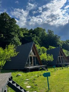 two houses in a field with trees in the background at Cabane A-Frame Svinița in Sviniţa