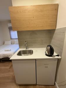 エイラットにあるBella Vista Houseのシンク付きのキッチンとベッドが備わった部屋