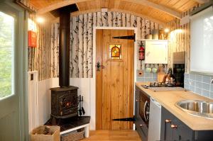 a kitchen with a wood stove in a tiny house at Shepherd's Hut in Dorchester