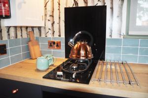 a tea kettle sitting on top of a stove in a kitchen at Shepherd's Hut in Dorchester