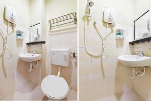 two pictures of a bathroom with a toilet and a sink at Danceter Destiny Riverside Hotel in Kota Bharu
