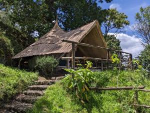 an old house with a thatched roof and stairs at cyuza paradise island in Nyarugina