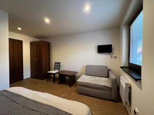 a hotel room with a bed and a chair and a tv at Penzion u Studánky in Horní Věstonice