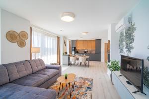 a living room with a couch and a tv at MyFlat Wave Beach Apartments in Siófok +65 photos