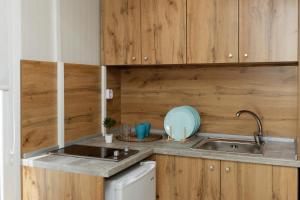 a kitchen with wooden cabinets and a sink at KRAPEC Beach in Krapets