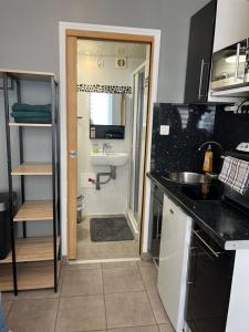 a kitchen with a sink and a bathroom with a shower at Studio proche de la CNPE in Gravelines