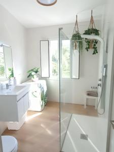 łazienka z przeszkloną kabiną prysznicową i umywalką w obiekcie CASA AMELIA Apartamento Bajo con terraza y jardín Apartamento 1ªPlanta w mieście Padrón