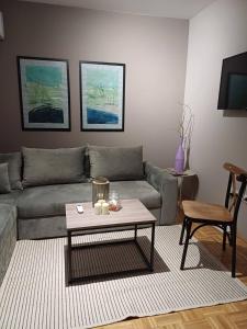 Una sala de estar con un sofá y una mesa de café. en Royal Apartman, en Bijeljina