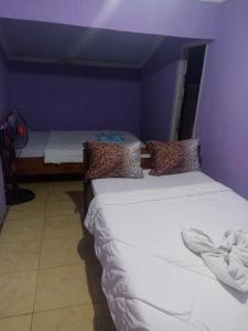 two beds in a room with a blue wall at Oke rinjani in Bayan +8 photos