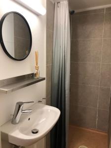 une salle de bain avec un lavabo, un miroir et une douche dans l'établissement Cozy 2-bedroom apartment in the city centre, à Tromsø