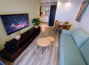 a living room with a blue couch and a flat screen tv at Giraffe Apartment - with private parking in Głogów