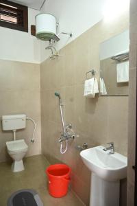 a bathroom with a sink and a toilet and a mirror at Toosonj Guest House in Guwahati