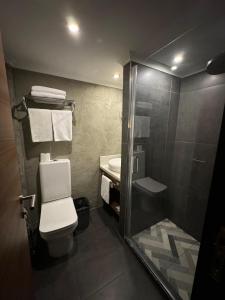 a bathroom with a shower and a toilet and a sink at Elibol Hotel Old City in Istanbul +39 photos