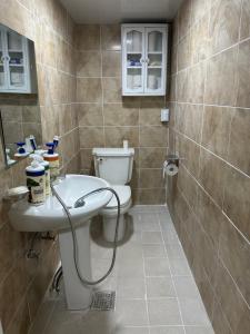 a bathroom with a toilet and a sink at Hanok House with a Yard 1 in Seoul