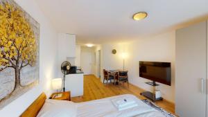 a bedroom with a bed and a flat screen tv at Cute and central studio - Sun 11 in Zurich