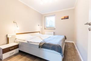 a bedroom with a bed and a window at Fehmarnstrand 78 App 10 in Staberdorf