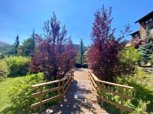 Una valla de madera y dos árboles con hojas rojas y moradas. en Tenderfoot Lodge 2620 by SummitCove Lodging, en Keystone