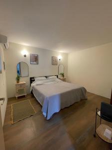 a bedroom with a large bed and a mirror at Spacious modern apartments in Noord