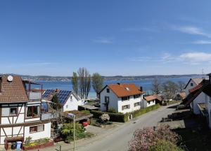 a view of a town with houses and the water at Seeblick Imperia in Konstanz