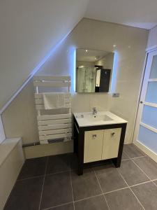 a bathroom with a sink and a mirror at KER IZEL - Grande maison au calme avec spa in Le Conquet