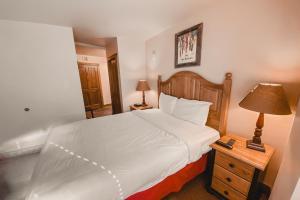 ein Schlafzimmer mit einem Bett und einer Lampe auf einem Nachttisch in der Unterkunft Red Hawk Lodge 2222 by SummitCove Lodging in Keystone + 43 Fotos