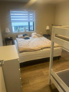 ÓlafsfjörðurMamma guesthouse的带双层床和窗户的卧室