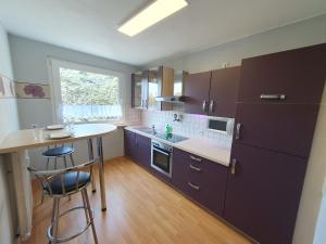 デュースブルクにあるDuisburg Zentral 2の紫色のキャビネットとテーブル付きのキッチン