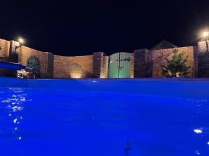 a blue wall in front of a building at night at Willa Relaksowa in Karwia