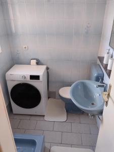 a small bathroom with a toilet and a sink at Braco apartments by the sea with a sea view in Zaboric