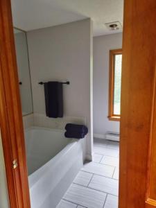 une salle de bain avec une baignoire et un miroir dans l'établissement Mystic, Foxwoods, Beaches, Waterpark, Hells Kitchen!, à North Stonington