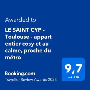 Certifikát, ocenenie alebo iný dokument vystavený v ubytovaní LE SAINT CYP - Toulouse - appart entier cosy et au calme, proche du métro