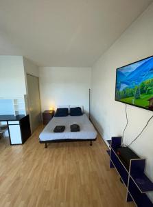 フィルネー・ボルテールにあるGeneva Residences Ferney-Voltaireのベッドと薄型テレビのある寝室