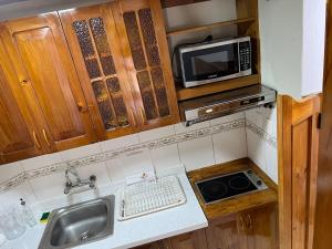 a small kitchen with a sink and a microwave at View of the Pacific Ocean in Lima +14 photos