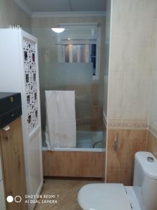 a bathroom with a toilet and a tub and a sink at Bienvenida in Almería