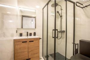 un bagno con doccia e lavandino di Apartamento Suite Puerta del Sol II a Montijo