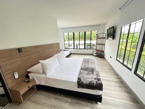 a bedroom with a large bed and two windows at Almendros 1- Apartamento rural con aire acondicionado in Armenia