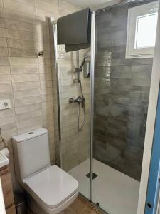 Un baño con inodoro y ducha de cristal. en La medusa flamenca, en Santa Pola