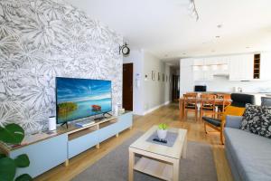 a living room with a couch and a tv at Paskal-Lux Apartments with Free Parking and AC in Budapest