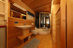 a bathroom with a sink and a toilet and a tub at Chalet El Baitel in Bellamonte +21 photos