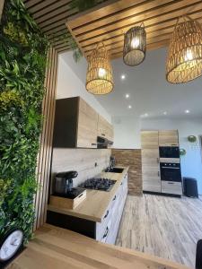 a kitchen with two pendant lights and a counter top at Gîte nature M&J in Calais +10 photos