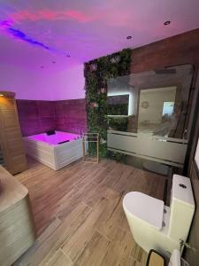 a bathroom with a tub with a purple ceiling at Gîte nature M&J in Calais