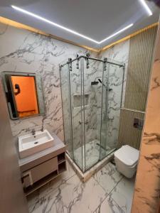 ein Badezimmer mit Dusche, Waschbecken und Toilette in der Unterkunft Madinaty Stunning Villa in Madinaty