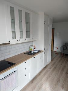 a kitchen with white cabinets and a counter top at Meta nad morzem in Pogórze +6 photos