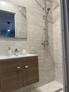 a bathroom with a shower and a sink at Central Park in Corfu